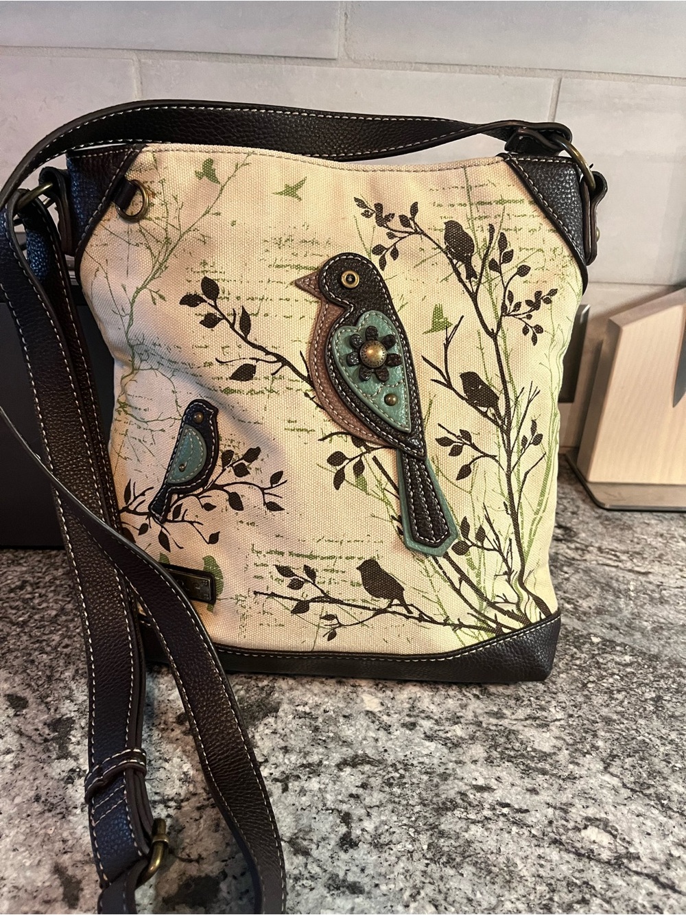 Chala I Canvas Bird Crossbody Bag - Cream and Brown